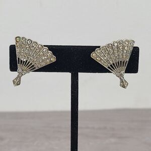 Signed Ora Clear Round Rhinestone Silver Tone Clip on Fan Earrings